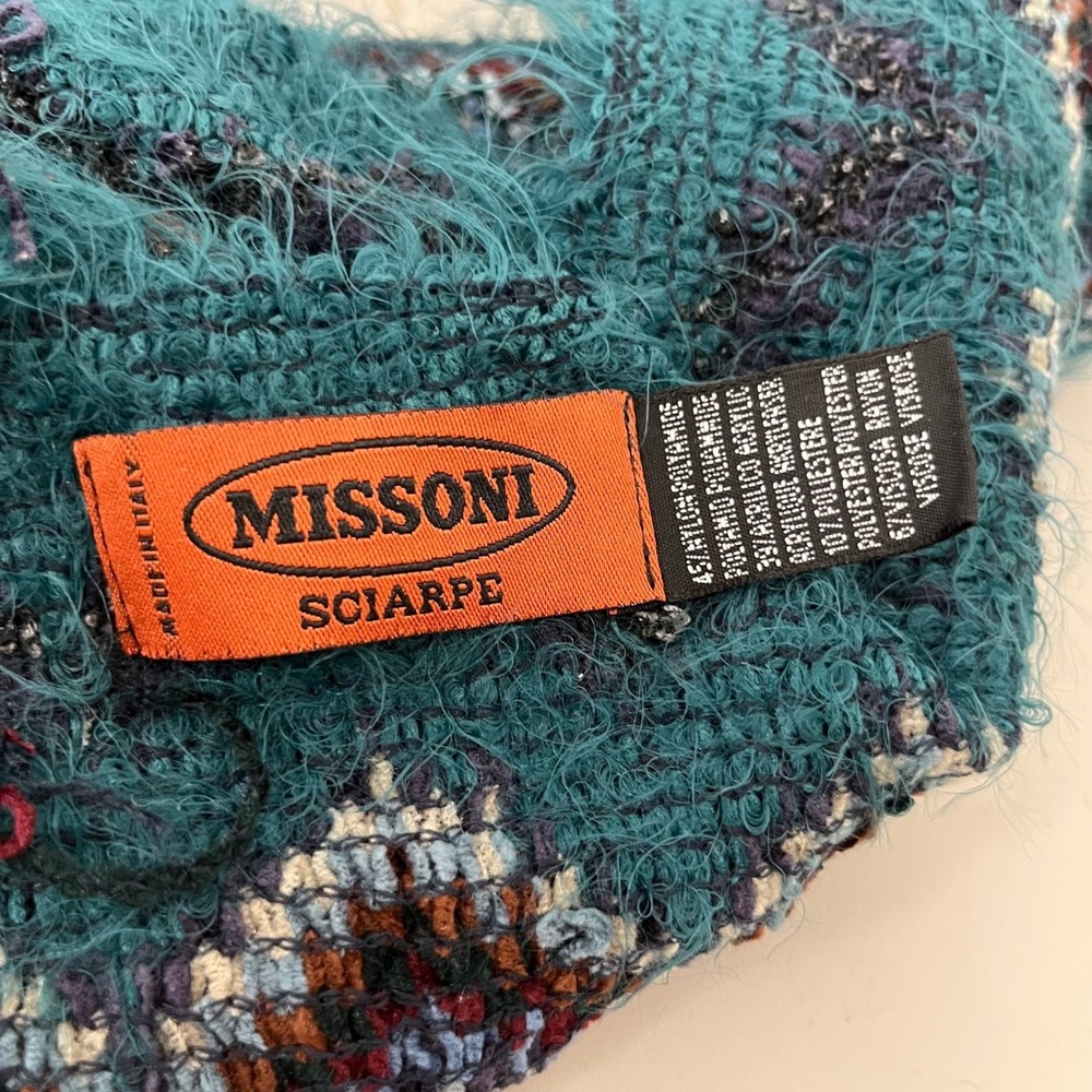 Missoni Sciarpe Teal Zigzag Pattern Long Fuzzy Sc… - image 4